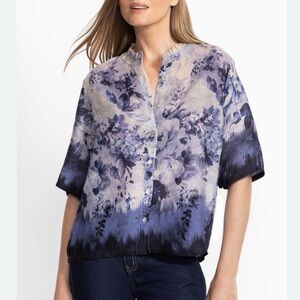 New JOHNNY WAS Beachy Coastal Resort Tropical Ruffle Neck Blue Floral Blouse XS